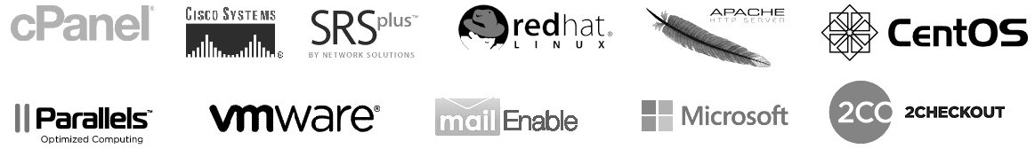 Cpanel,Cisco,Microsoft,Red Hat,Centos,VMware,Plesk,Apache,MailEnable,2Checkout,SRSPlus